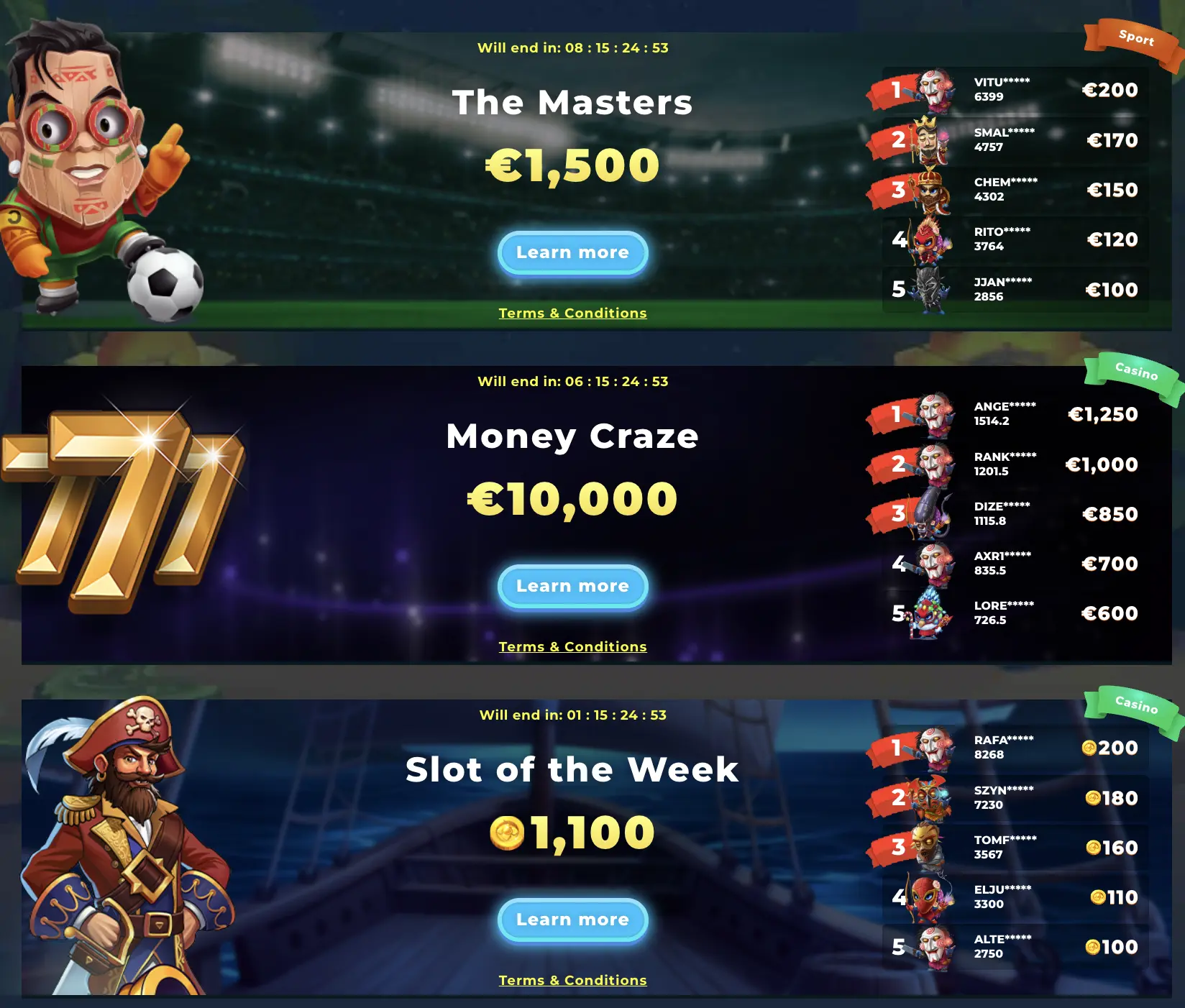 Wazamba casino tournaments leaderboard with prizes